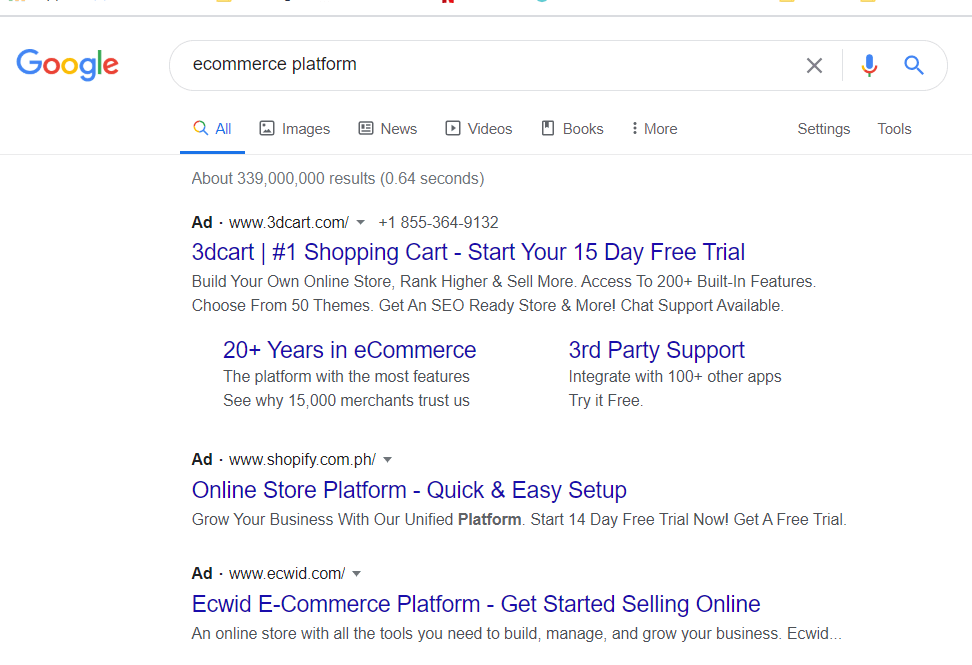 google search page for ecommerce platform