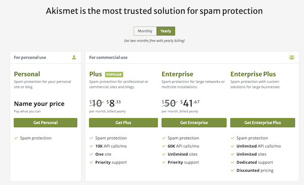 akismet anti-spam pricing