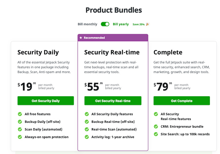jetpack pricing table