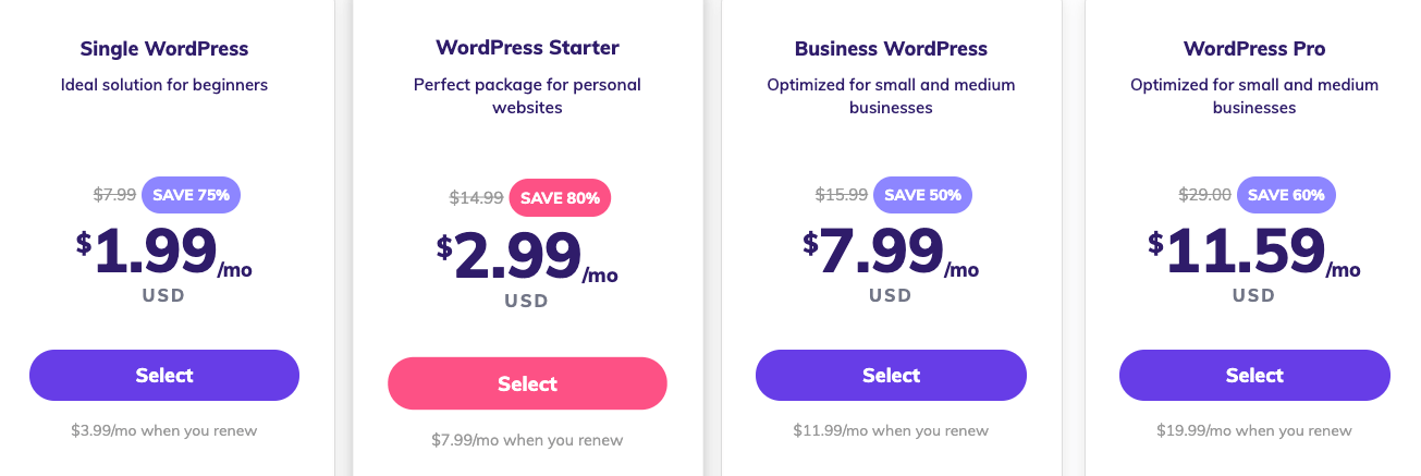 hostinger  - pricing per month