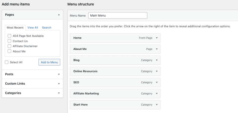 menu selection page